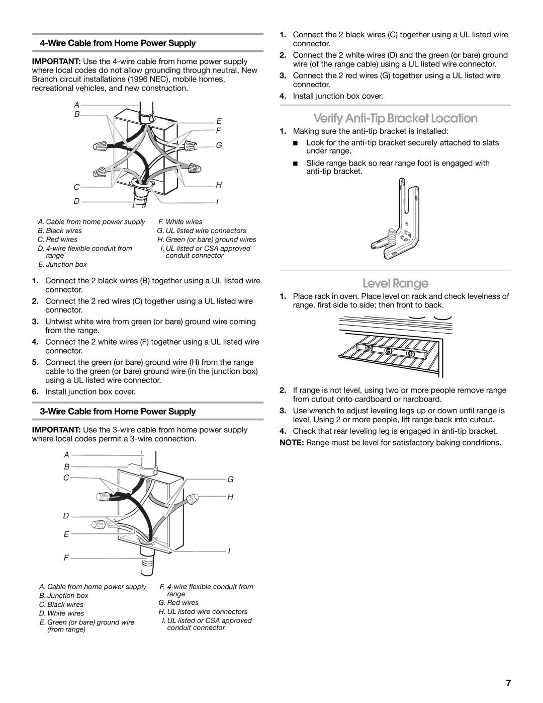 Whirlpool Drop-In Electric Range Verify Anti-Tip Bracket Location, Level Range, Wire Cable from Home Power Supply 