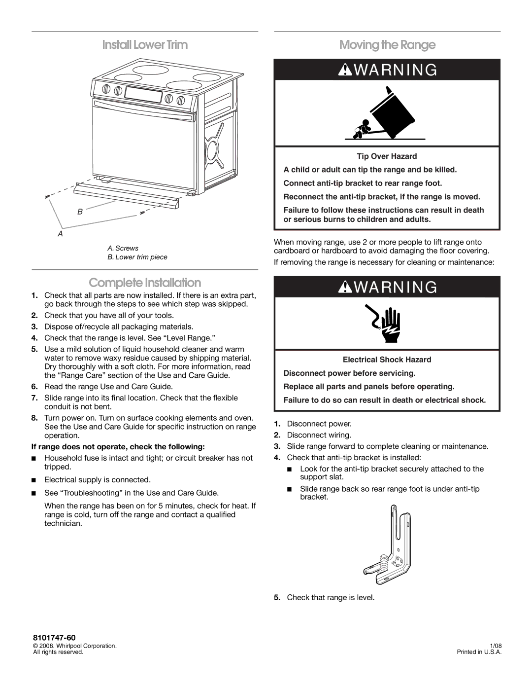 Whirlpool Drop-In Electric Range installation instructions Install Lower Trim, Moving the Range, Complete Installation 