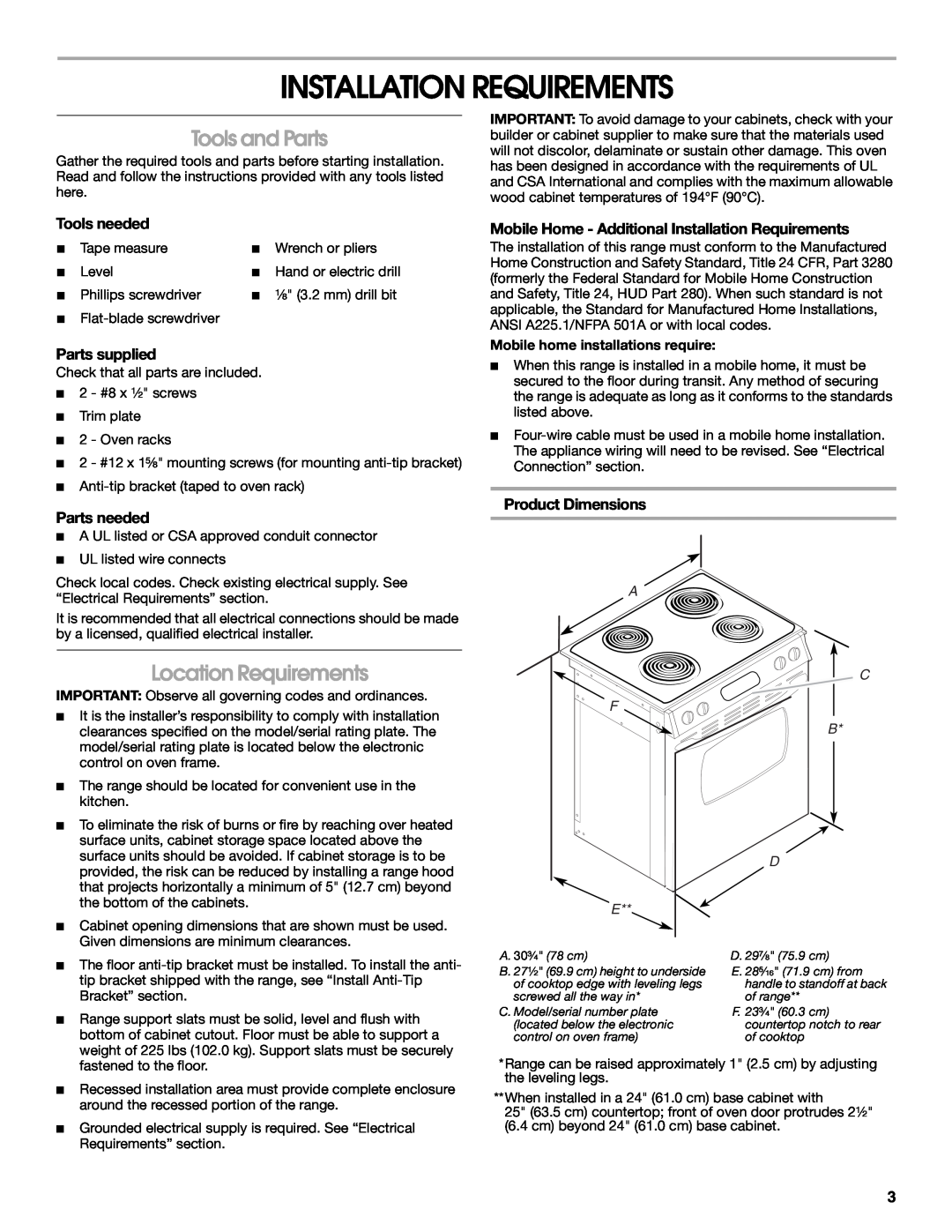 Whirlpool Drop-In Electric Range Installation Requirements, Tools and Parts, Location Requirements, Tools needed, A C F B 