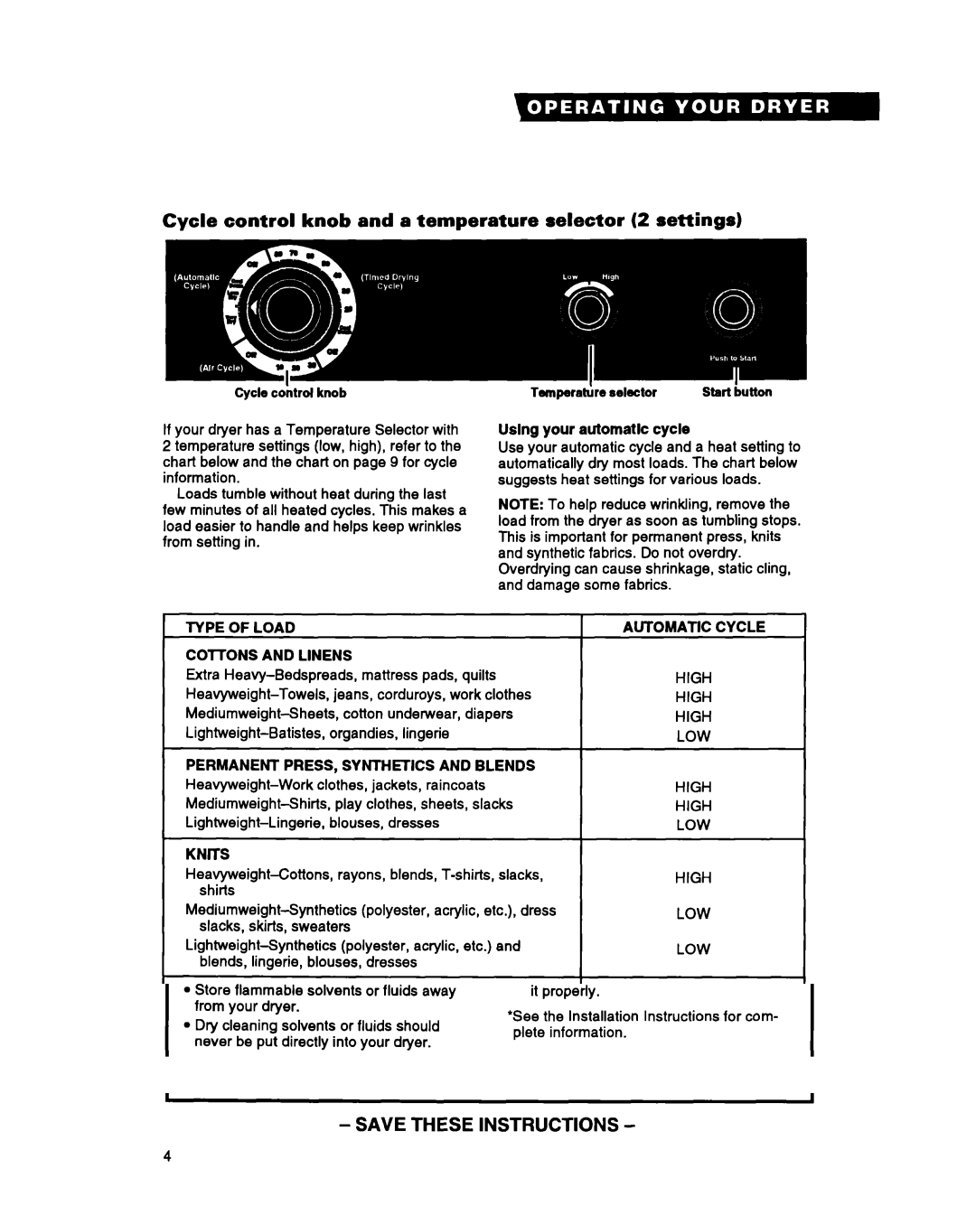 Whirlpool DRYERS warranty Cycle control knob and a temperature selector 2 settings, Delicate Fabrics, Low 