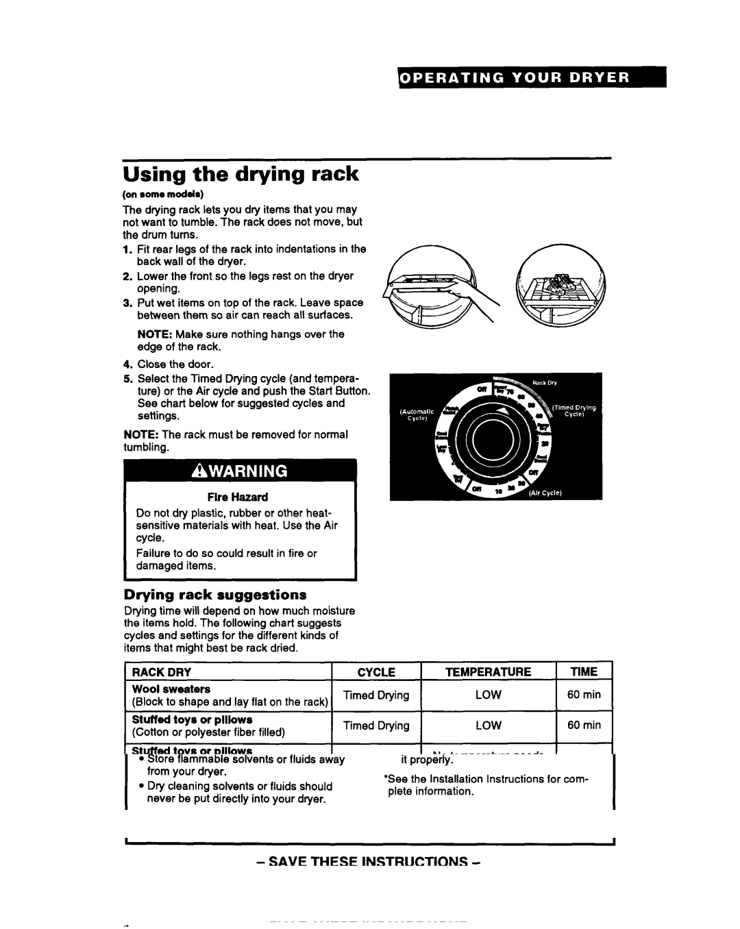 Whirlpool DRYERS warranty Using the drying rack, Drying rack suggestions, Rack DRY, Temperature Time 