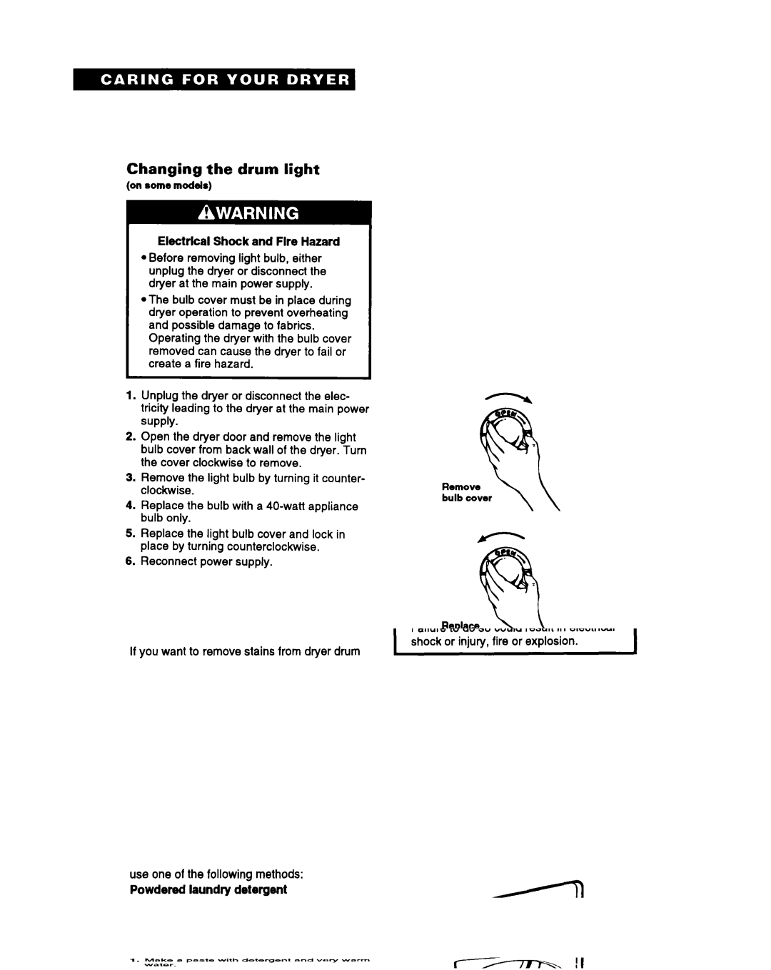 Whirlpool DRYERS warranty Changing the drum light, Electrlcal Shock and Fire Hazard 