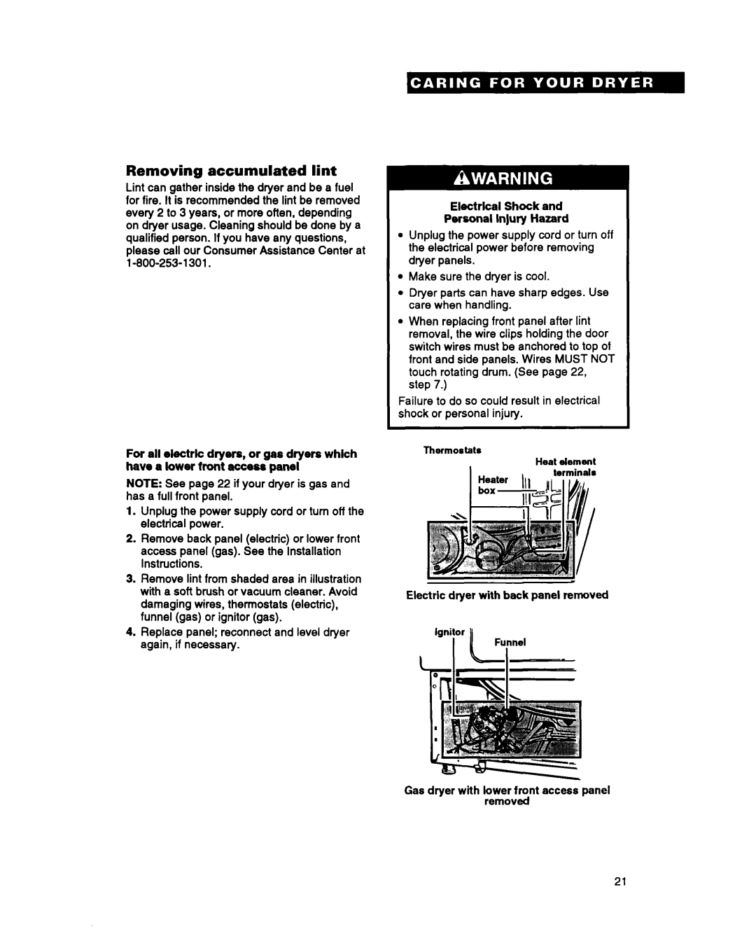 Whirlpool DRYERS warranty Removing accumulated lint 