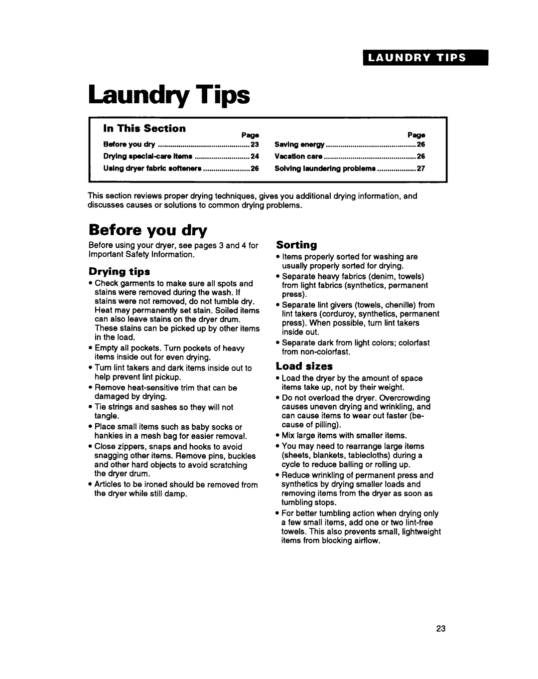 Whirlpool DRYERS warranty Laundry Tips, Before you dry, Drying tips, Sorting, Load sizes 