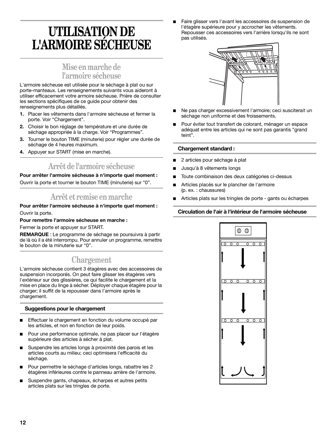 Whirlpool Drying Cabinet manual Utilisation DE, Arrêt de larmoire sécheuse, Arrêt et remise en marche, Chargement 