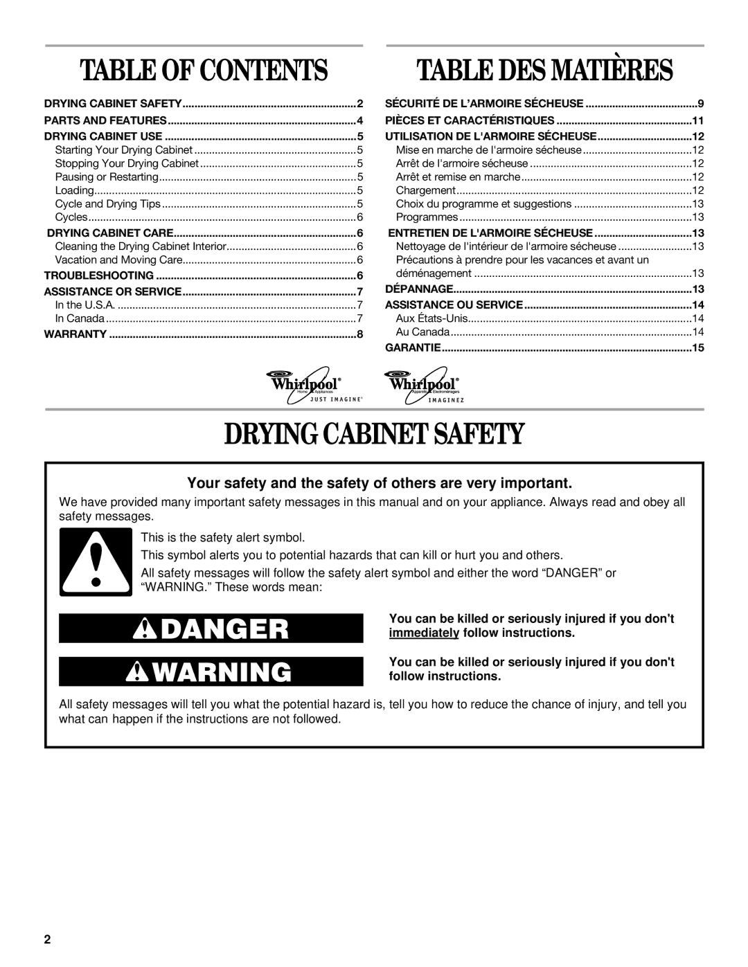 Whirlpool manual Drying Cabinet Safety, Table of Contents 