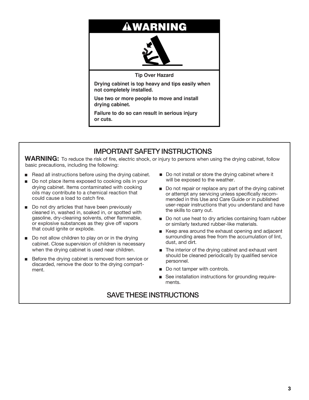 Whirlpool Drying Cabinet manual Important Safety Instructions 