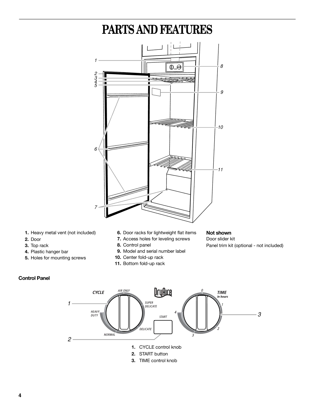 Whirlpool Drying Cabinet manual Parts and Features, Not shown, Control Panel 