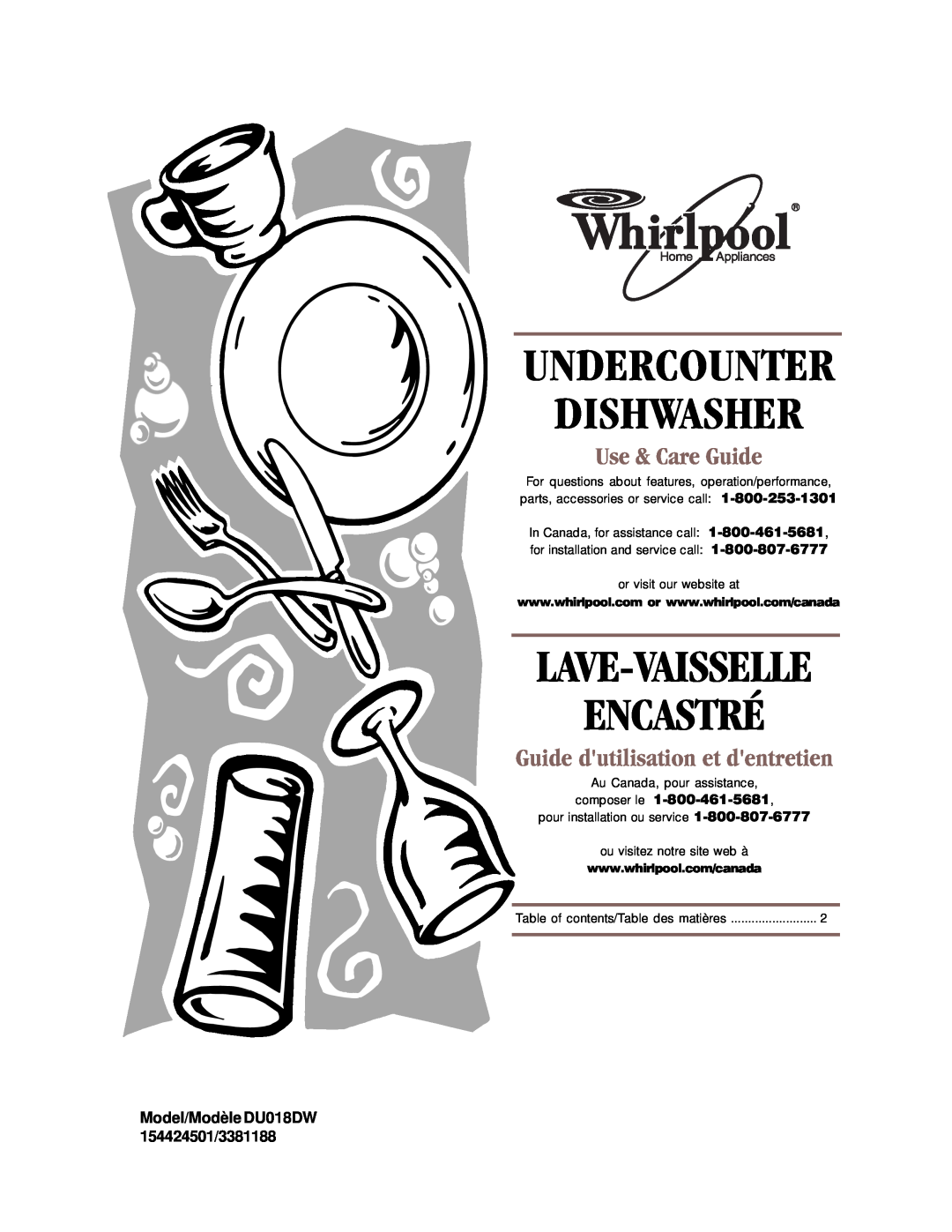 Whirlpool DU018DW manual Use & Care Guide, Guide dutilisation et dentretien, Undercounter Dishwasher 