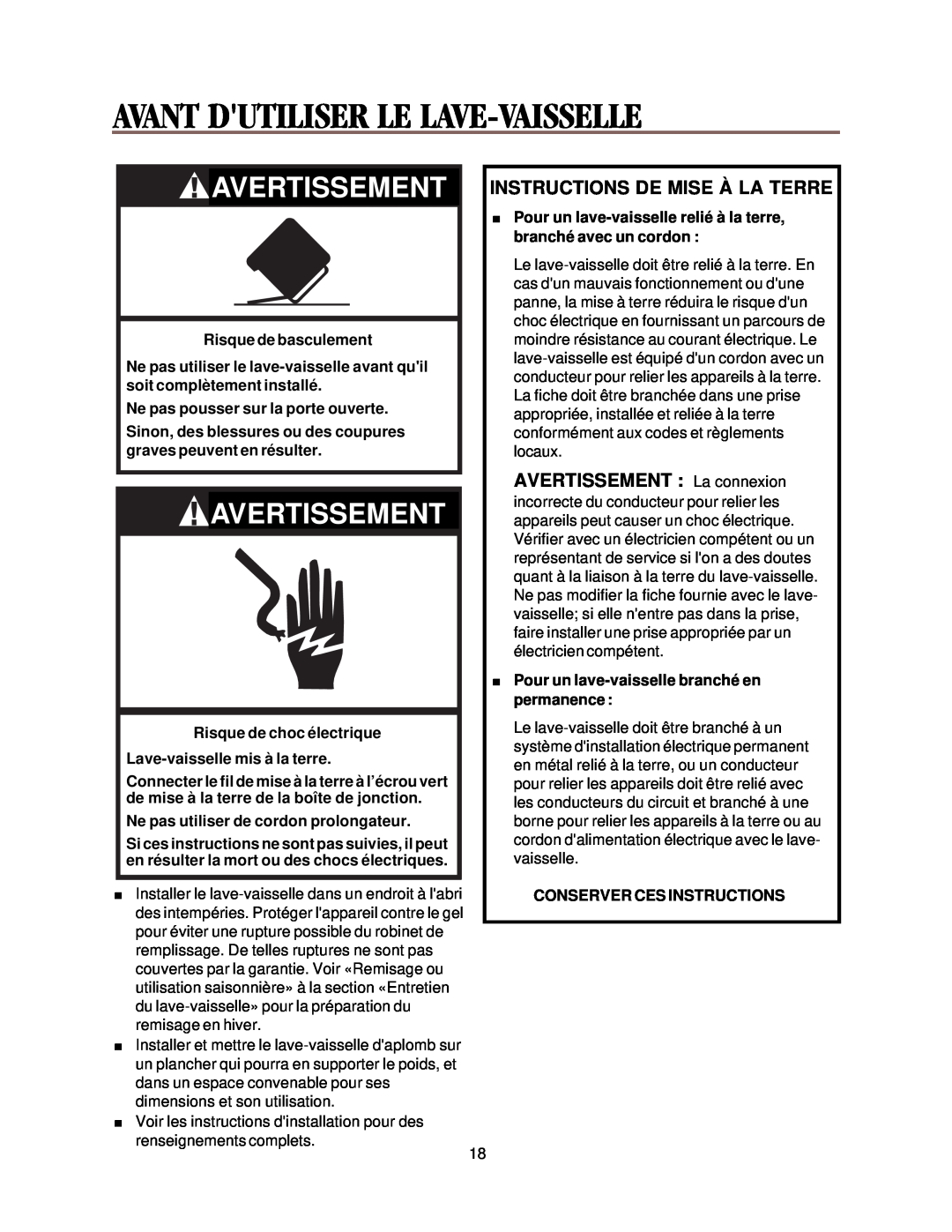 Whirlpool DU018DW manual Avant Dutiliser Le Lave-Vaisselle, Instructions De Mise À La Terre, Avertissement 