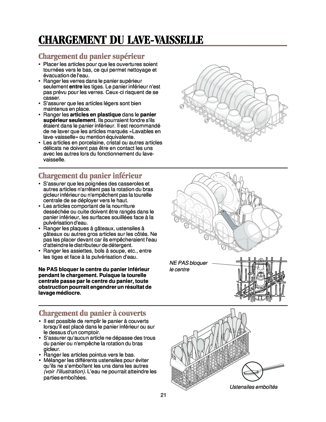 Whirlpool DU018DW manual Chargement du panier supérieur, Chargement du panier inférieur, Chargement du panier à couverts 