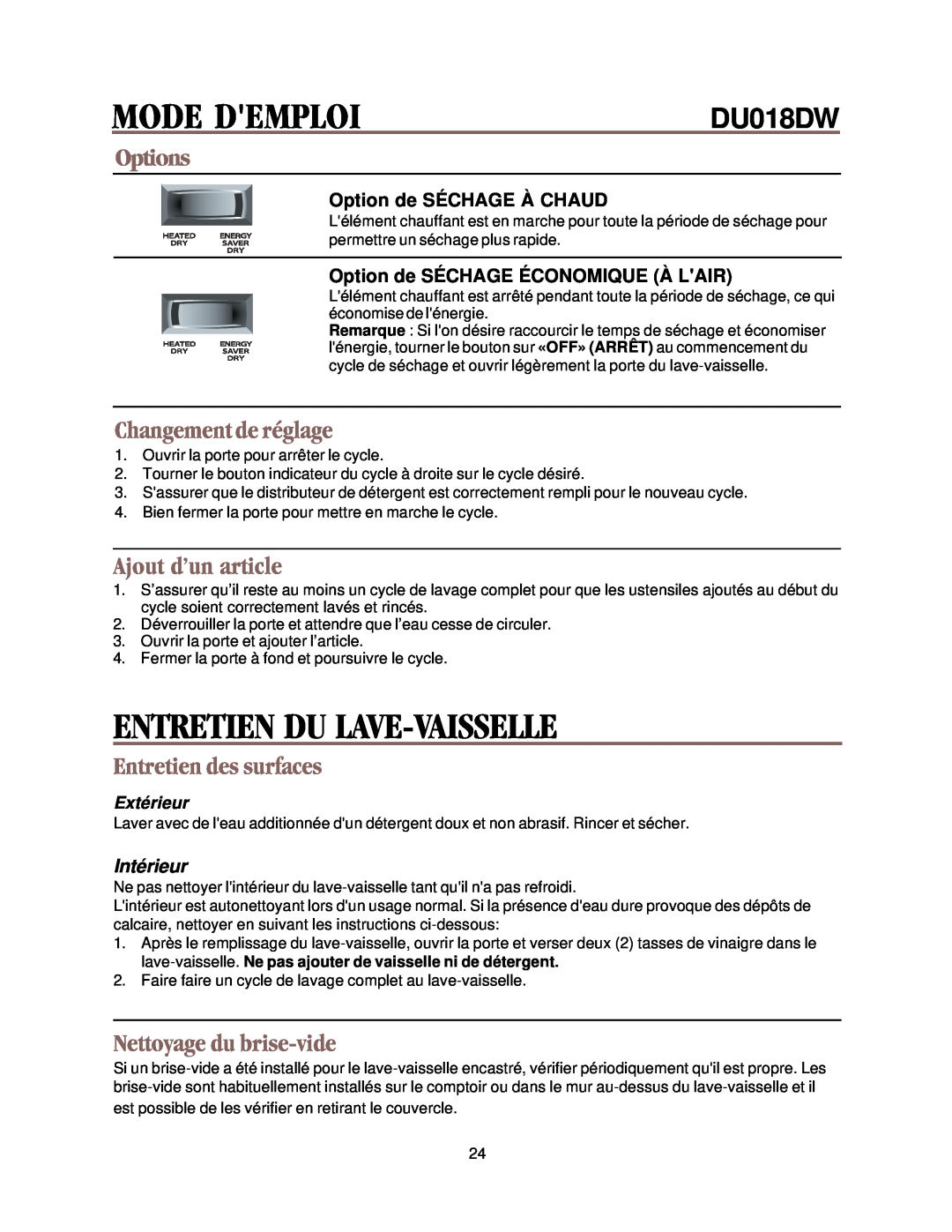 Whirlpool DU018DW Entretien Du Lave-Vaisselle, Changement de réglage, Ajout d’un article, Entretien des surfaces, Options 