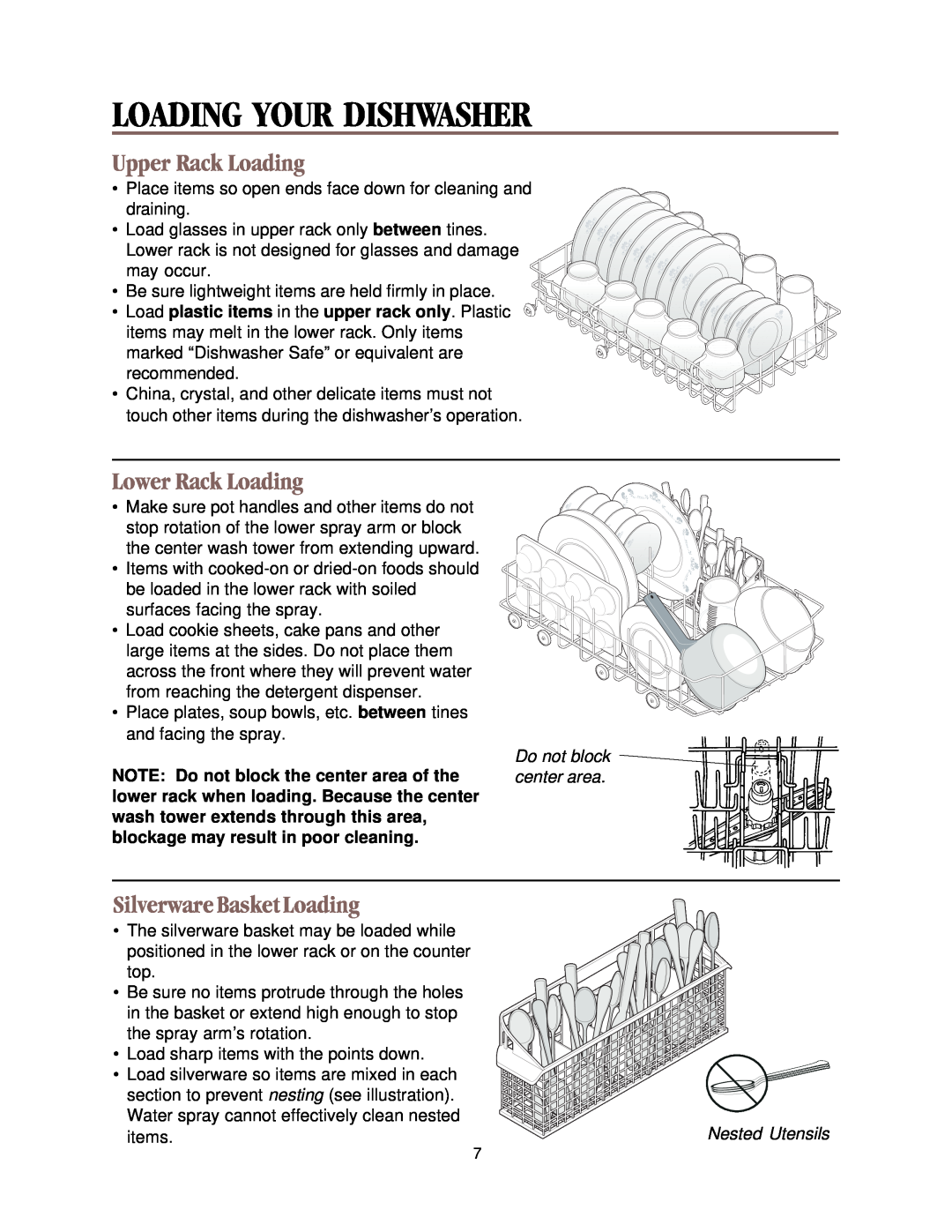 Whirlpool DU018DW manual Upper Rack Loading, Lower Rack Loading, Silverware Basket Loading, Loading Your Dishwasher 