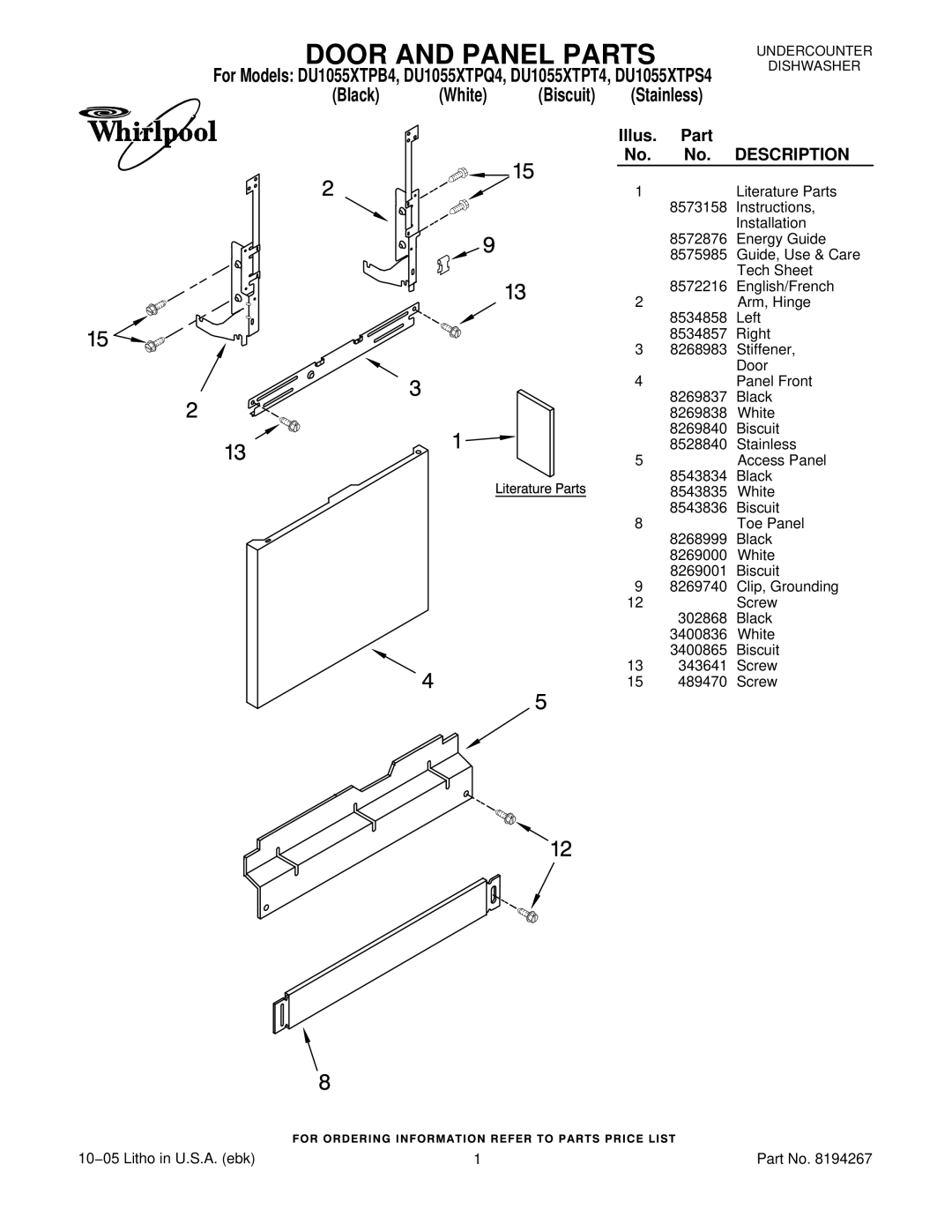 Whirlpool DU1055XTPT4, DU1055XTPQ4, DU1055XTPB4, DU1055XTPS4 manual Door and Panel Parts, Black White Biscuit 