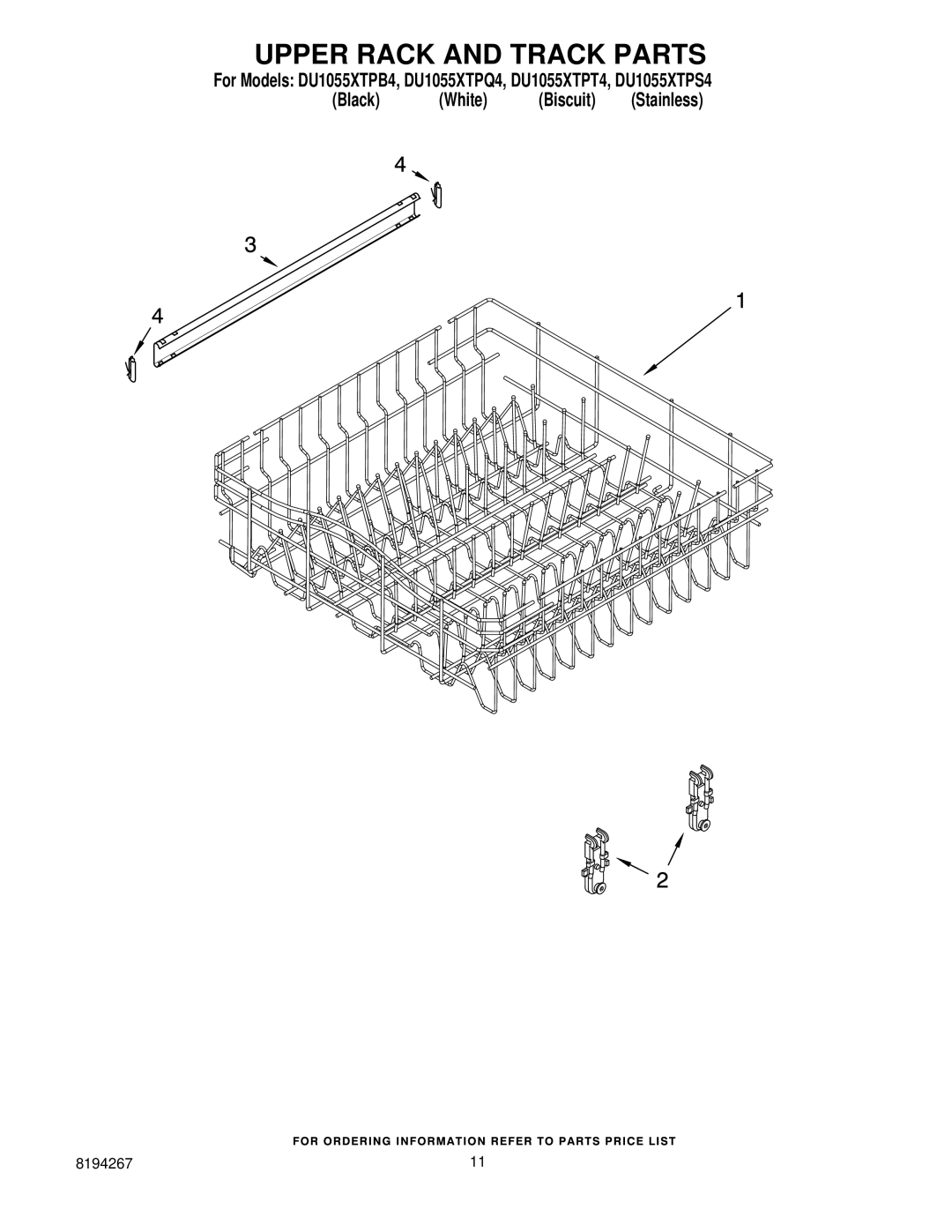 Whirlpool DU1055XTPS4, DU1055XTPQ4, DU1055XTPT4, DU1055XTPB4 manual Upper Rack and Track Parts 