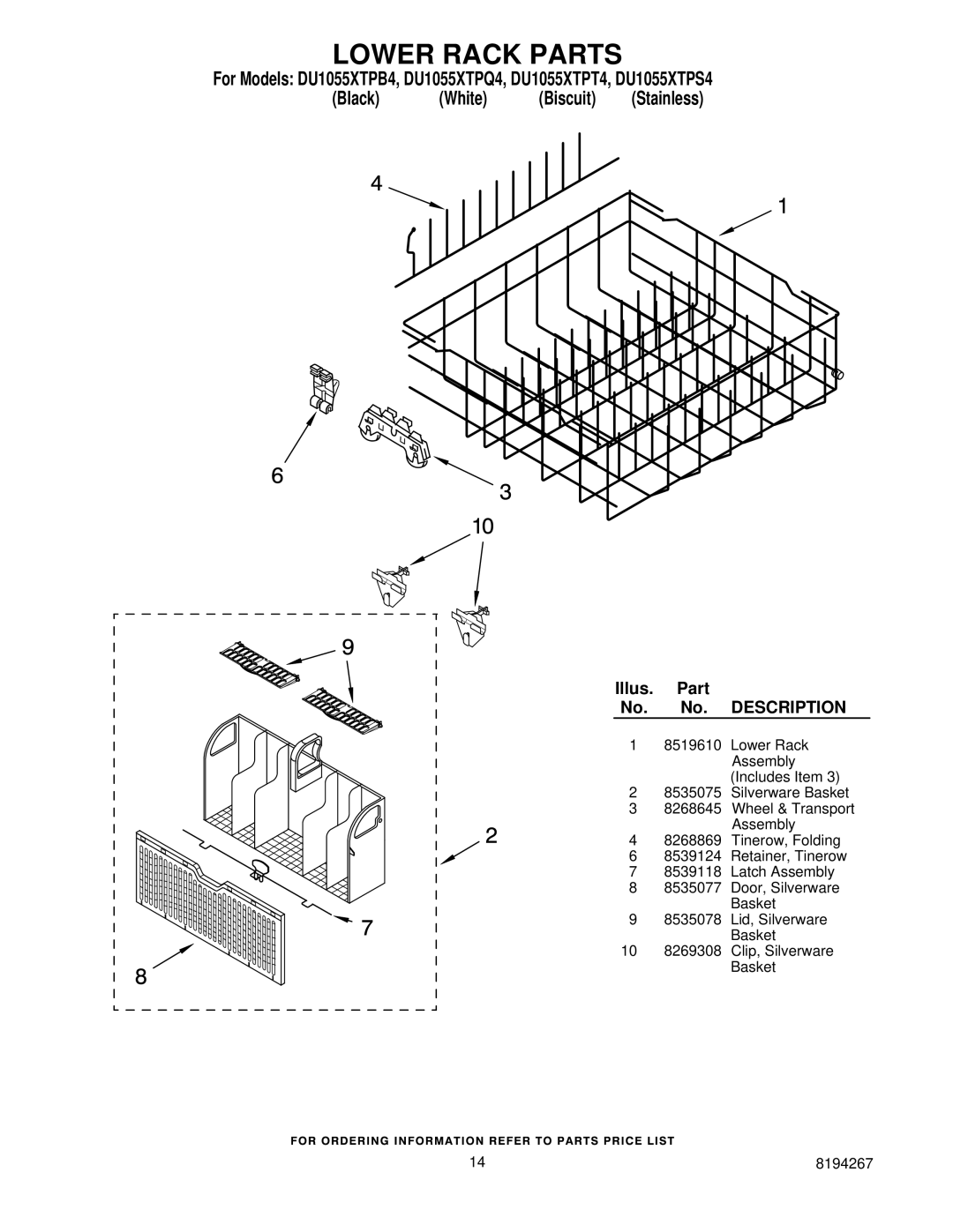 Whirlpool DU1055XTPB4, DU1055XTPQ4, DU1055XTPT4, DU1055XTPS4 manual Lower Rack Parts 