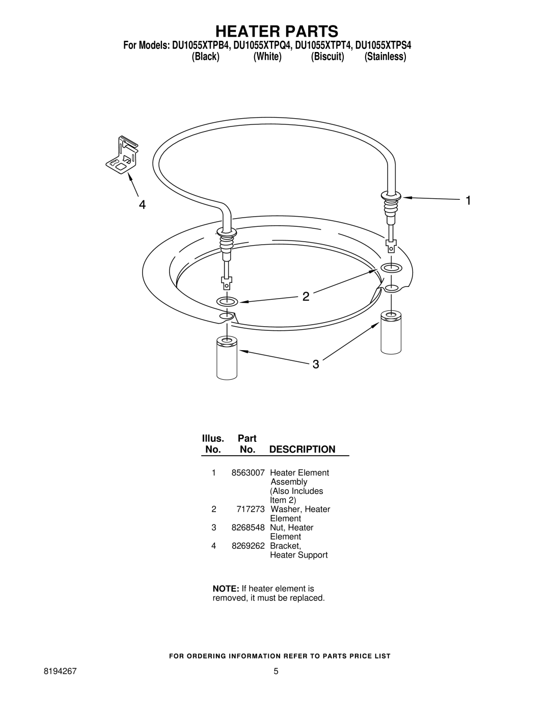 Whirlpool DU1055XTPT4, DU1055XTPQ4, DU1055XTPB4, DU1055XTPS4 manual Heater Parts 