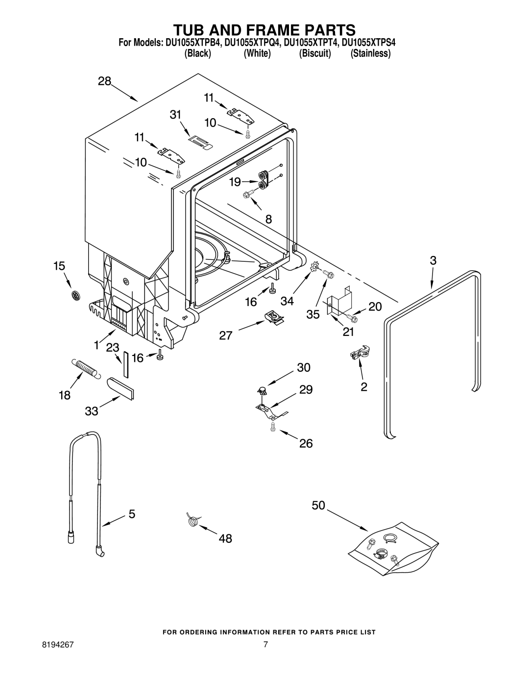 Whirlpool DU1055XTPS4, DU1055XTPQ4, DU1055XTPT4, DU1055XTPB4 manual TUB and Frame Parts 