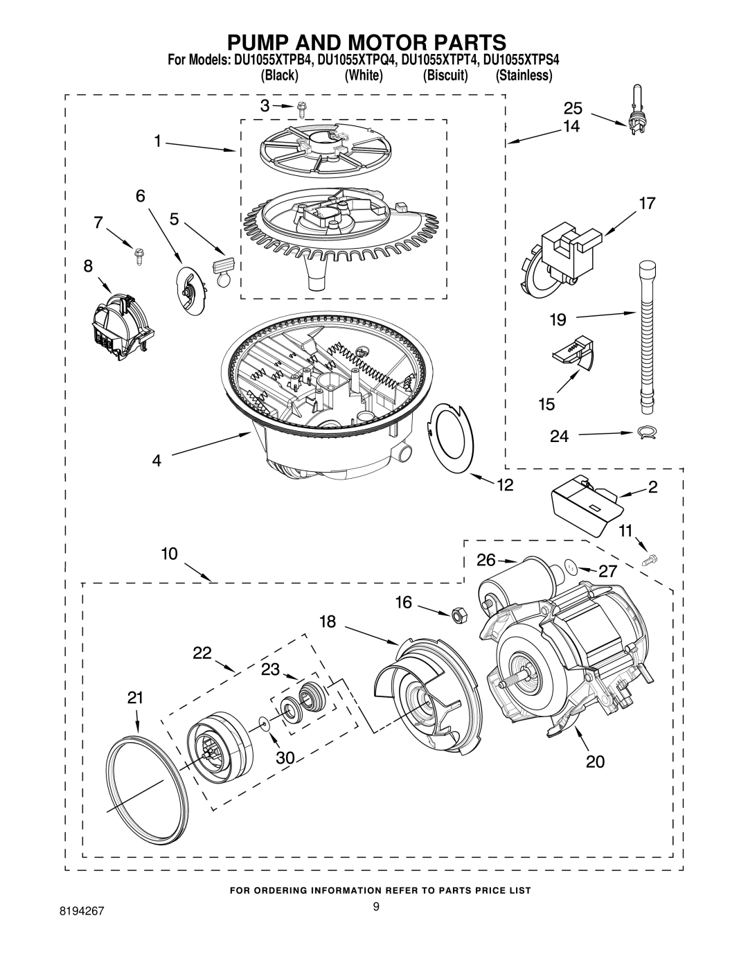 Whirlpool DU1055XTPT4, DU1055XTPQ4, DU1055XTPB4, DU1055XTPS4 manual Pump and Motor Parts 