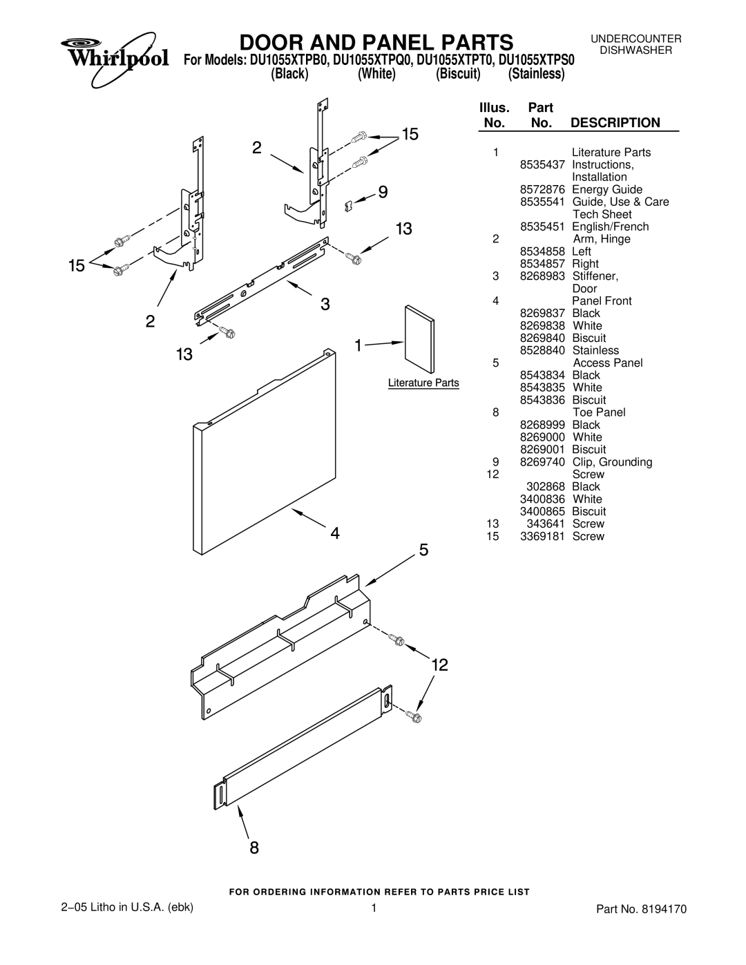 Whirlpool DU1055XTPQ0, DU1055XTPT0, DU1055XTPS0, DU1055XTPB0 manual Door and Panel Parts, Black White Biscuit 