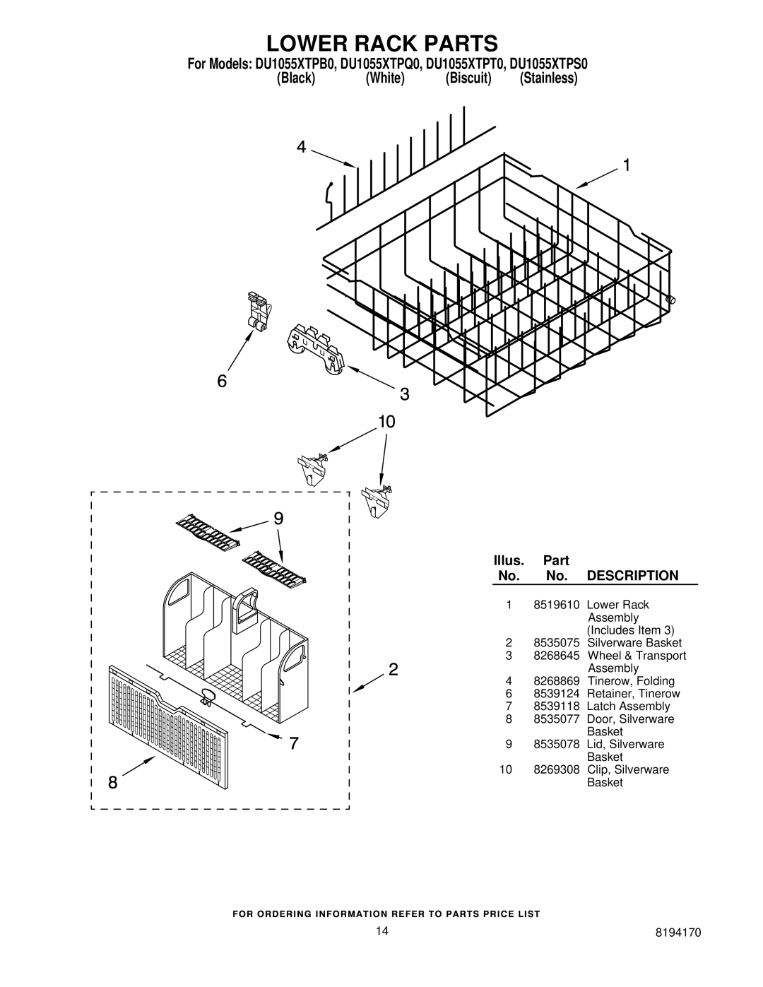 Whirlpool DU1055XTPS0, DU1055XTPT0, DU1055XTPQ0, DU1055XTPB0 manual Lower Rack Parts 