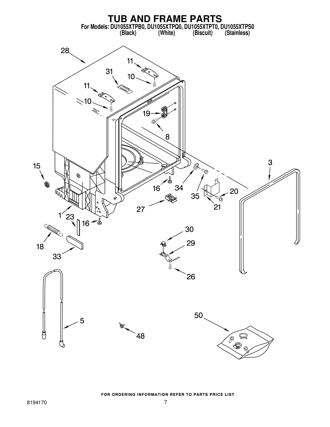 Whirlpool DU1055XTPB0, DU1055XTPT0, DU1055XTPQ0, DU1055XTPS0 manual TUB and Frame Parts 