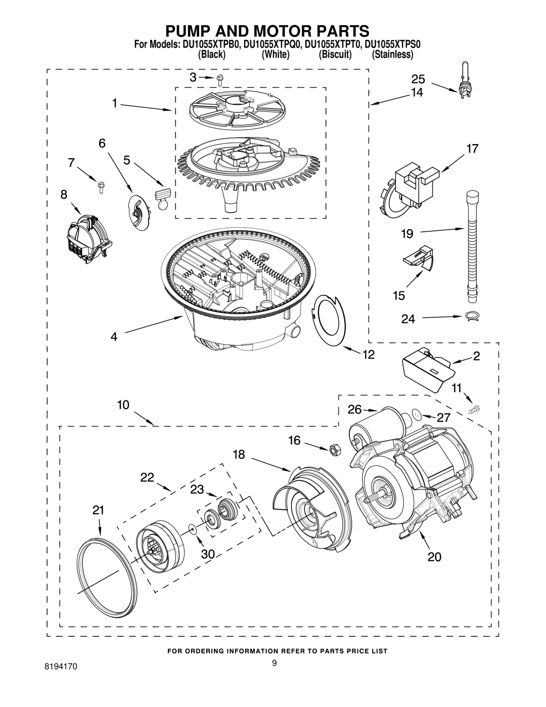 Whirlpool DU1055XTPQ0, DU1055XTPT0, DU1055XTPS0, DU1055XTPB0 manual Pump and Motor Parts 