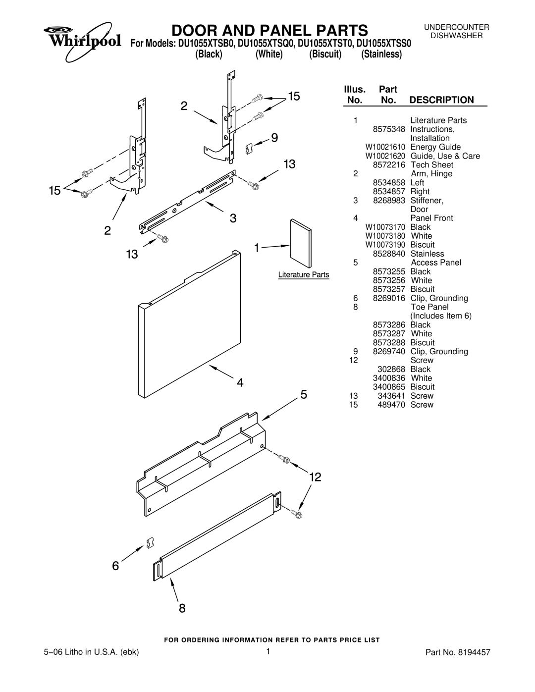 Whirlpool DU1055XTSQ0, DU1055XTSB0, DU1055XTSS0 manual Door and Panel Parts, Black White Biscuit 