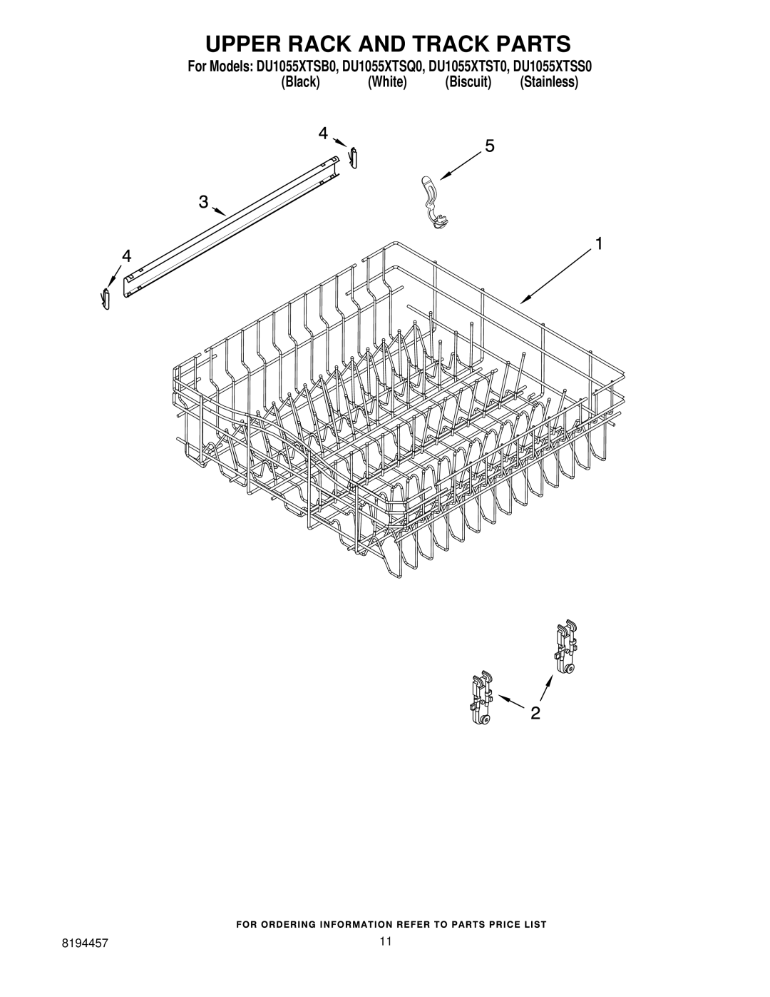 Whirlpool DU1055XTSS0, DU1055XTSB0, DU1055XTSQ0 manual Upper Rack and Track Parts 