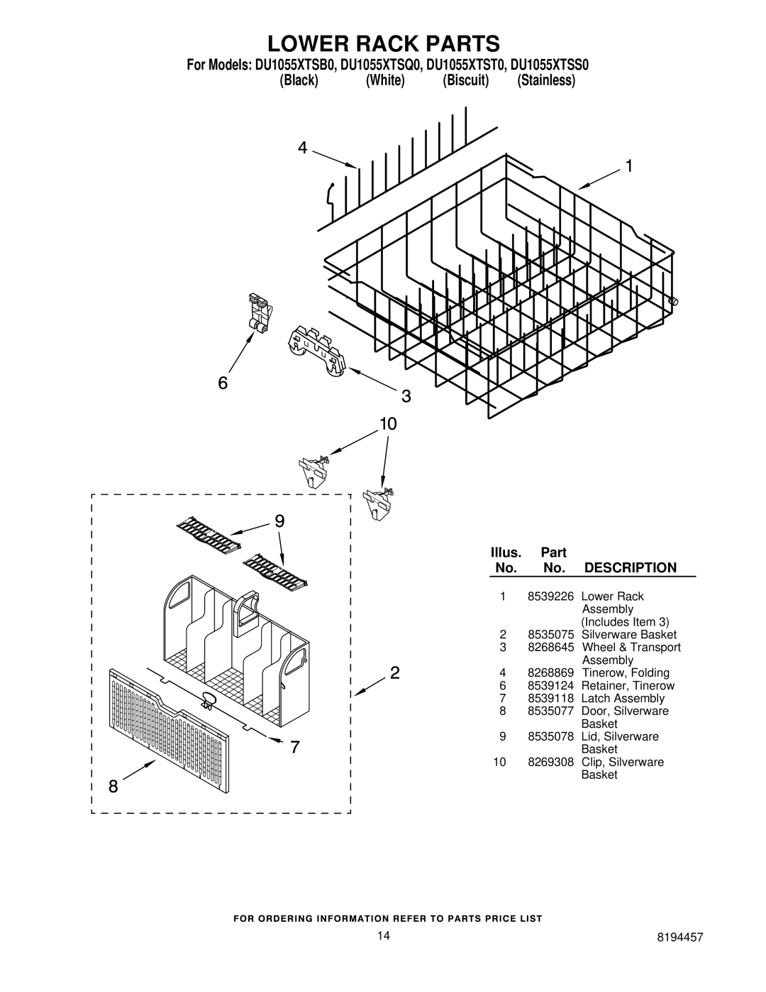 Whirlpool DU1055XTSS0, DU1055XTSB0, DU1055XTSQ0 manual Lower Rack Parts 