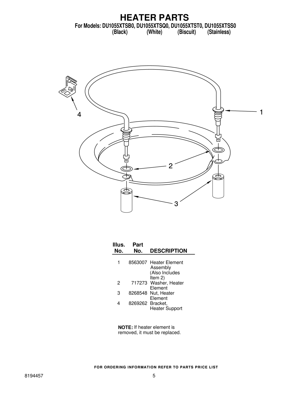 Whirlpool DU1055XTSS0, DU1055XTSB0, DU1055XTSQ0 manual Heater Parts 