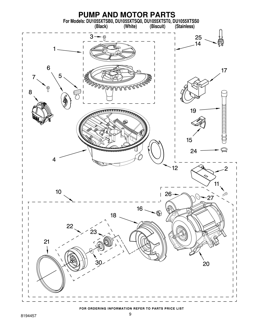 Whirlpool DU1055XTSB0, DU1055XTSQ0, DU1055XTSS0 manual Pump and Motor Parts 