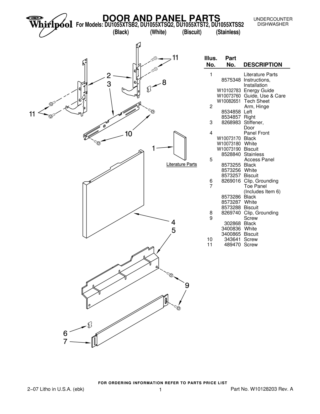 Whirlpool DU1055XTSB2, DU1055XTSQ2, DU1055XTSS2, DU1055XTST2 manual Door and Panel Parts, Black White Biscuit 