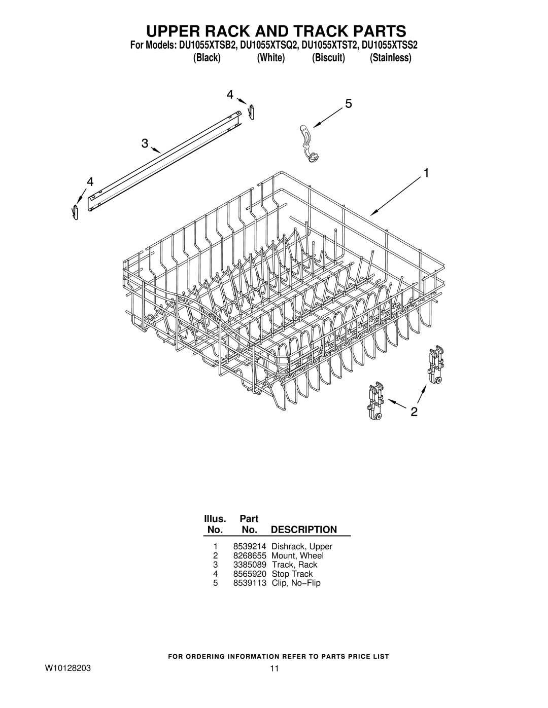 Whirlpool DU1055XTST2, DU1055XTSQ2, DU1055XTSB2, DU1055XTSS2 manual Upper Rack and Track Parts 