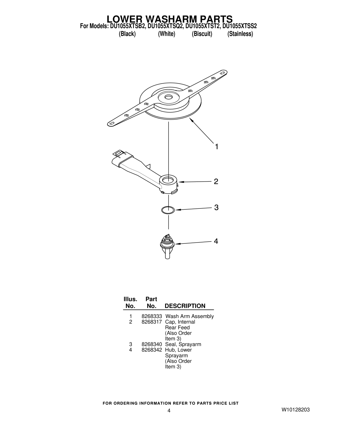 Whirlpool DU1055XTSQ2, DU1055XTSB2, DU1055XTSS2, DU1055XTST2 manual Lower Washarm Parts 