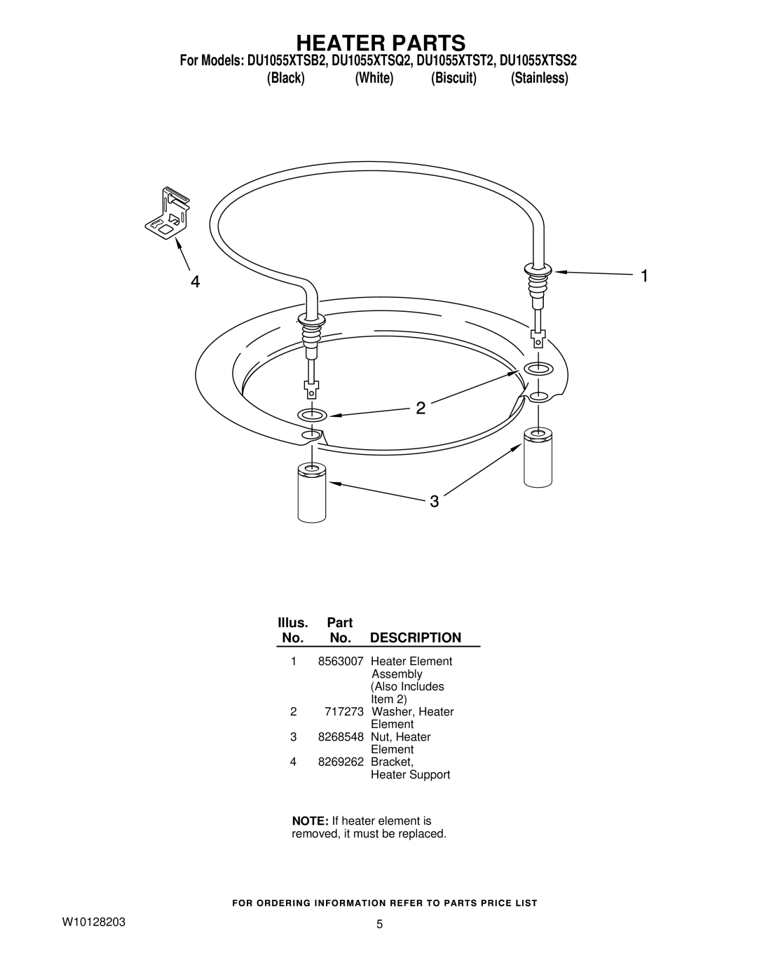 Whirlpool DU1055XTSB2, DU1055XTSQ2, DU1055XTSS2, DU1055XTST2 manual Heater Parts 