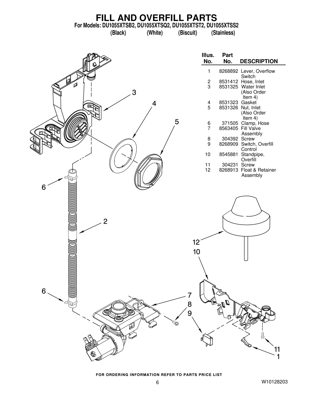 Whirlpool DU1055XTSS2, DU1055XTSQ2, DU1055XTSB2, DU1055XTST2 manual Fill and Overfill Parts, Stainless 