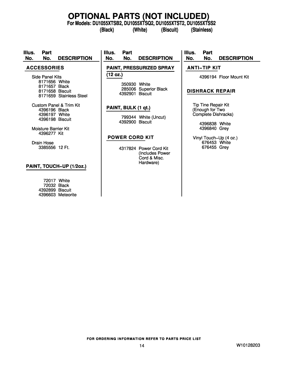 Whirlpool DU1055XTSS2, DU1055XTSQ2, DU1055XTSB2, DU1055XTST2 manual Optional Parts Not Included, Black, White, Biscuit 