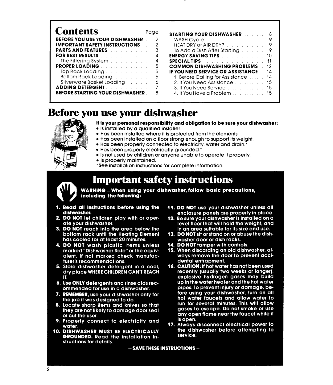 Whirlpool DU1098XL manual Contents, Before you use your dishwasher 