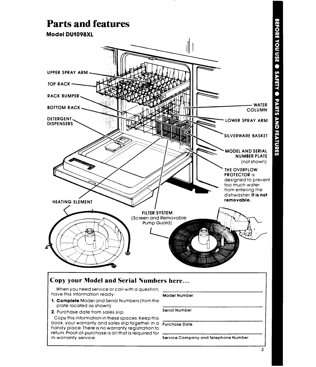 Whirlpool DU1098XL manual Parts and features, Copy your Model and Serial Numbers here 