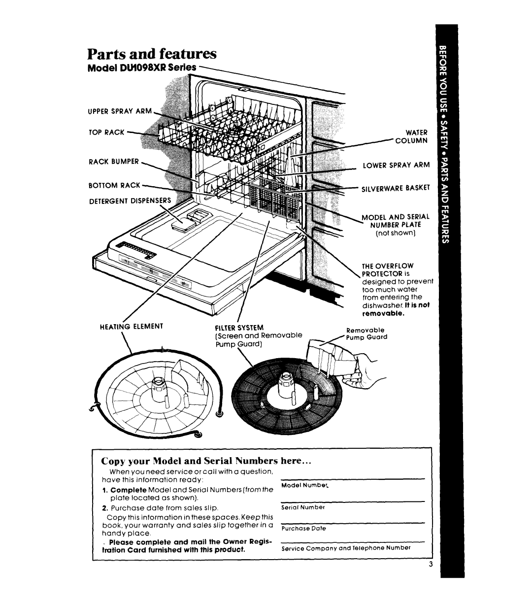 Whirlpool DU1098XR manual Parts and features, Model DUl098XR Series 