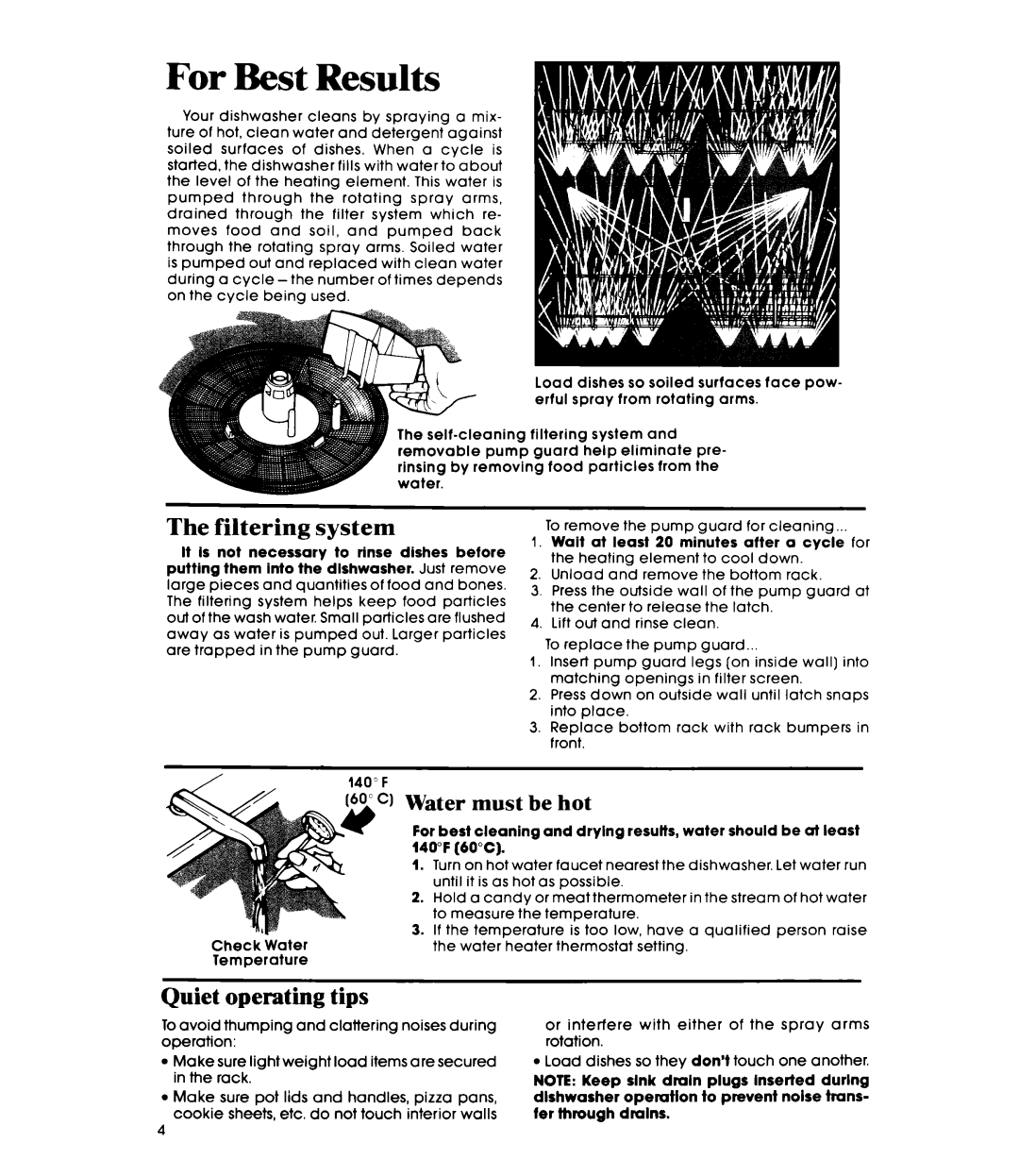 Whirlpool DU1098XR manual Filtering system, Quiet operating tips 