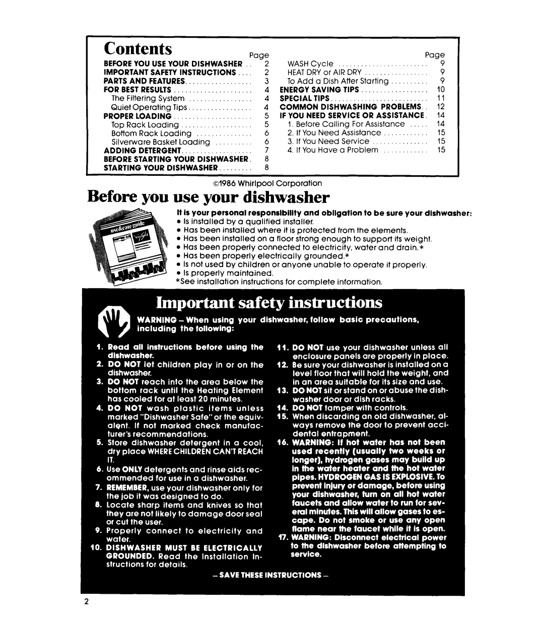 Whirlpool DU1098XR manual Contents, Before you use your dishwasher 