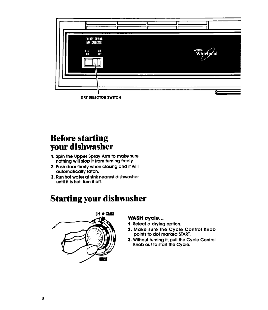 Whirlpool DU1098XR manual Starting your dishwasher, Before starting your dishwasher, WASH cycle 