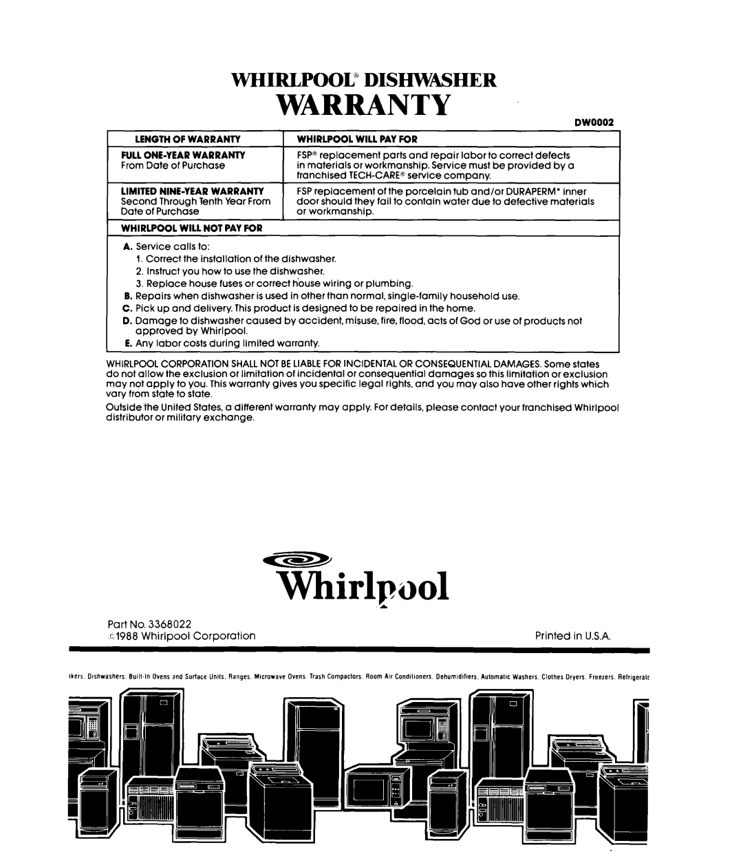 Whirlpool DU1099XT manual Whirlpool” Diswmher, Warranty 