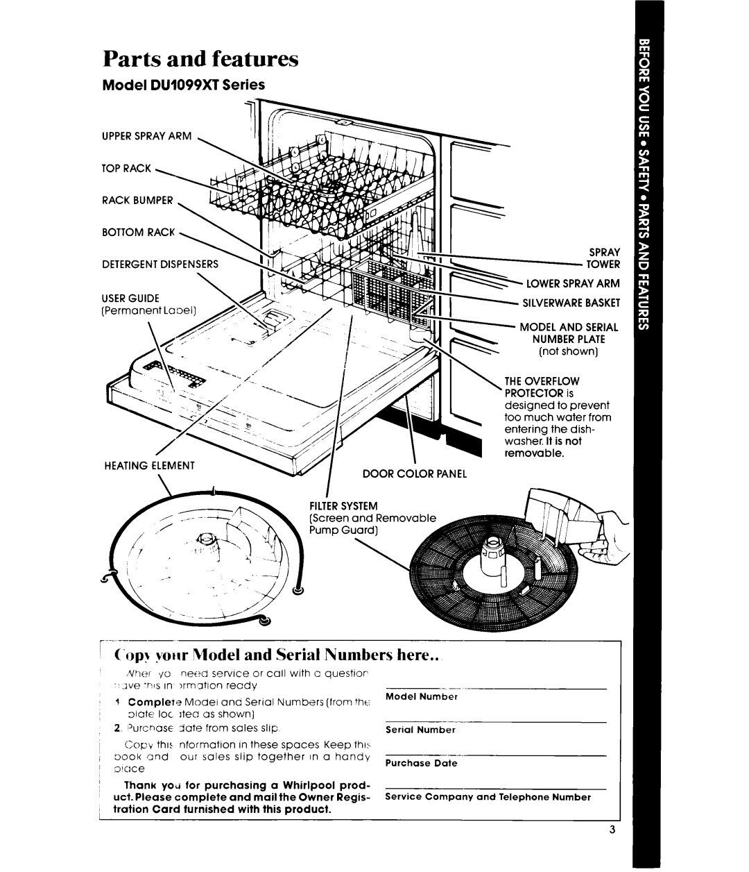 Whirlpool manual Parts and features, ~ 6 .““’, C’c p\. vow1 Model and Serial Numbers here, Model DU1099XT Series, cll 