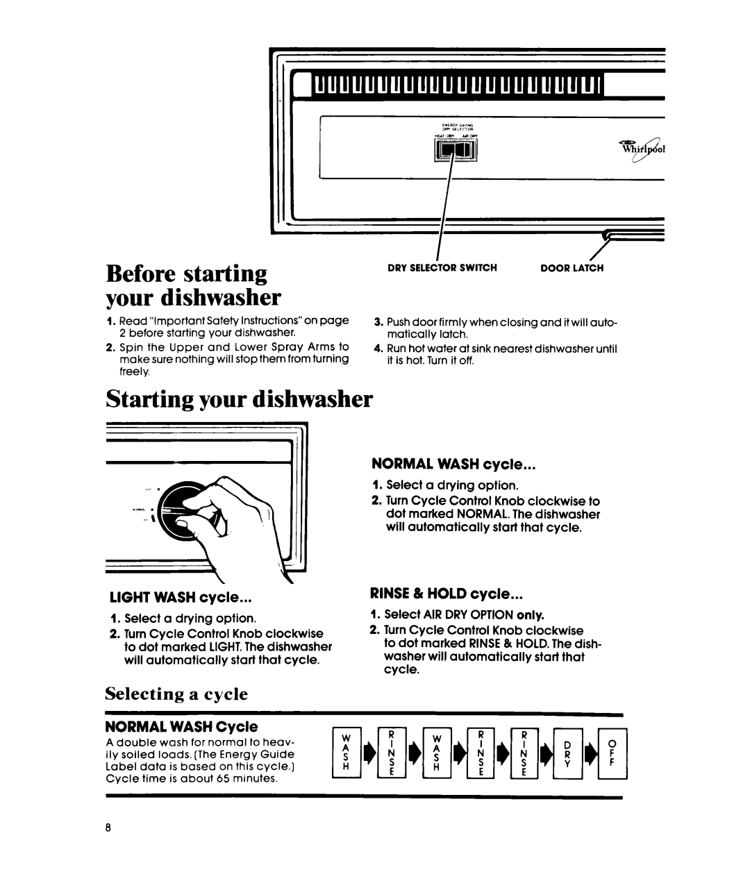 Whirlpool DU1099XT manual Starting your dishwasher, Before starting your dishwasher, Selecting a cycle, NORMAL WASH cycle 