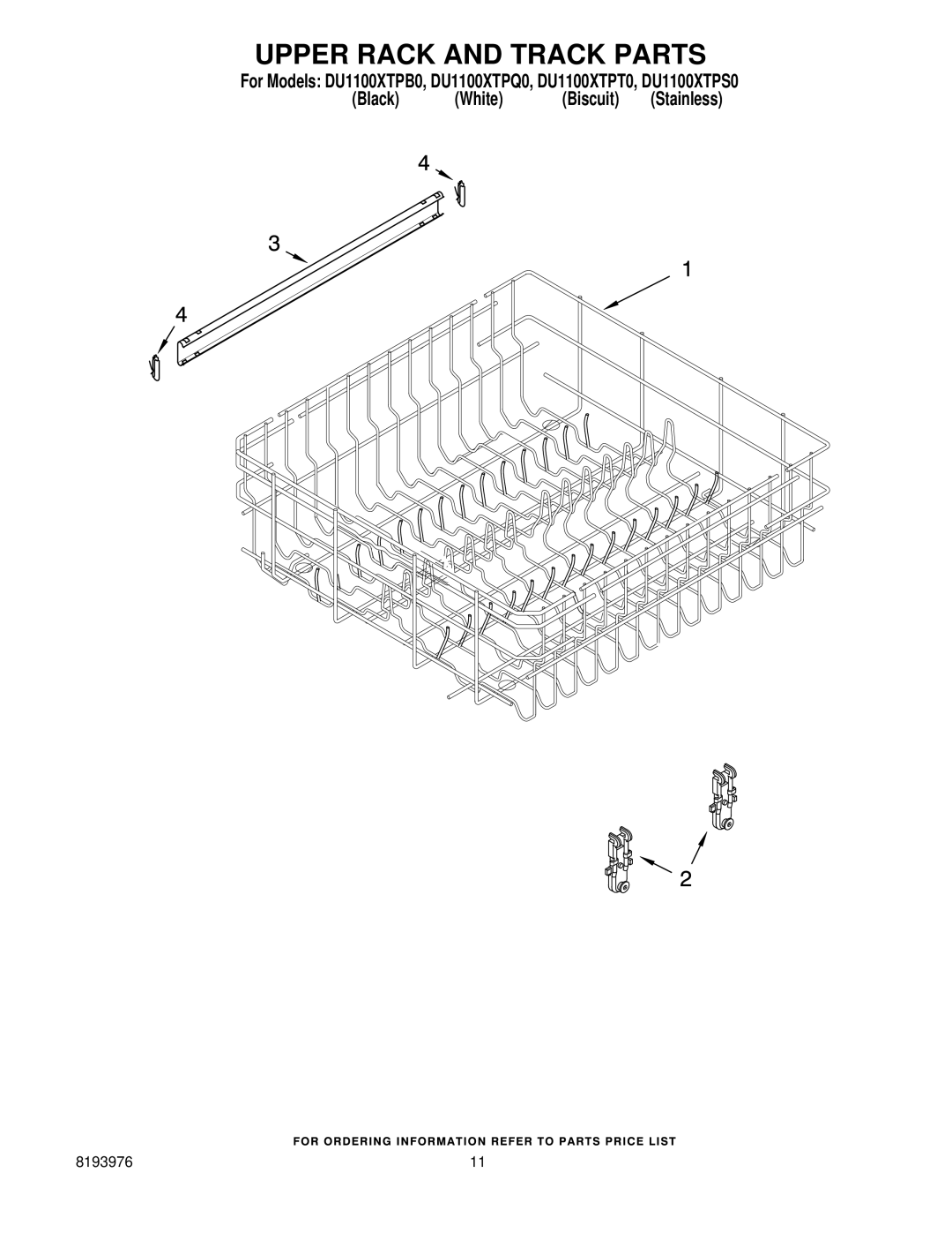 Whirlpool DU1100XTPB0, DU1100XTPQ0, DU1100XTPS0, DU1100XTPT0 manual Upper Rack and Track Parts 