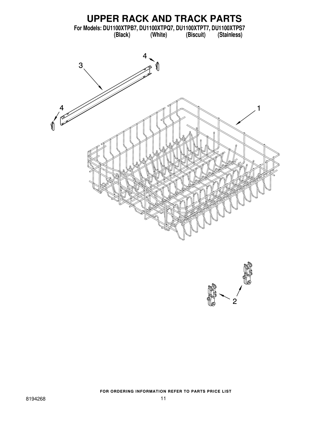 Whirlpool DU1100XTPT7, DU1100XTPS7, DU1100XTPQ7, DU1100XTPB7 manual Upper Rack and Track Parts 