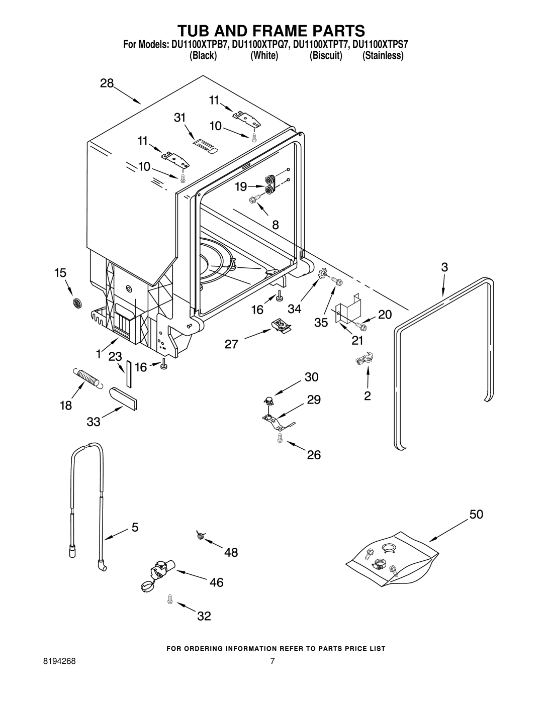 Whirlpool DU1100XTPT7, DU1100XTPS7, DU1100XTPQ7, DU1100XTPB7 manual TUB and Frame Parts 